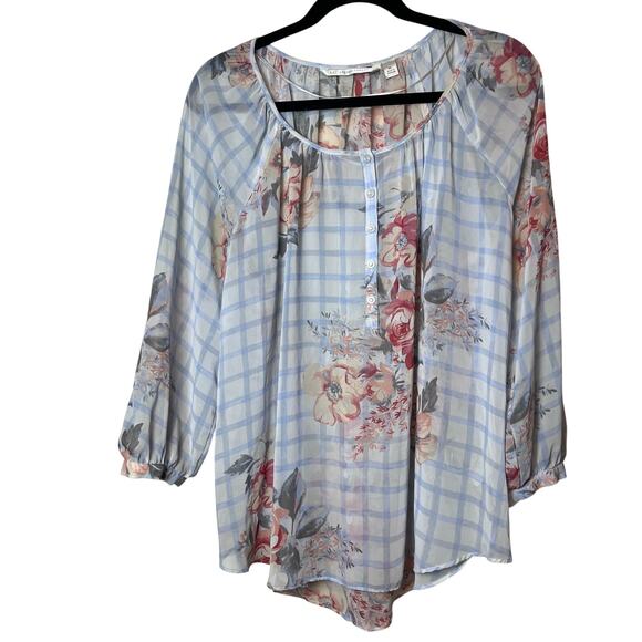 LC Lauren Conrad blue Floral Sheer Blouse XL Professional Career Workwear Office - Picture 3 of 8